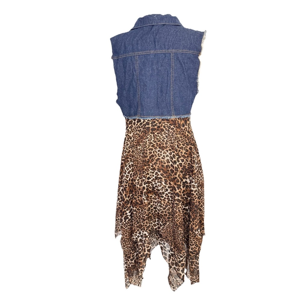 BoHo Western Cheetah Handkerchief Maxi dress Jean Denim Frayed Size Small Medium - Picture 3 of 10